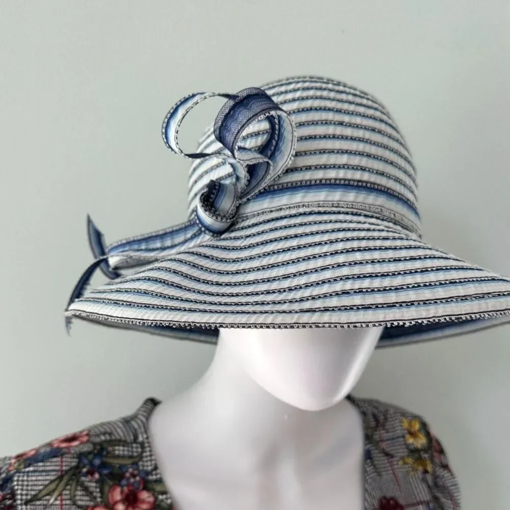 NWT Vintage Frank Olive By Gabriel Amar Blue White Kentucky Derby Picture Hat - Picture 3 of 7